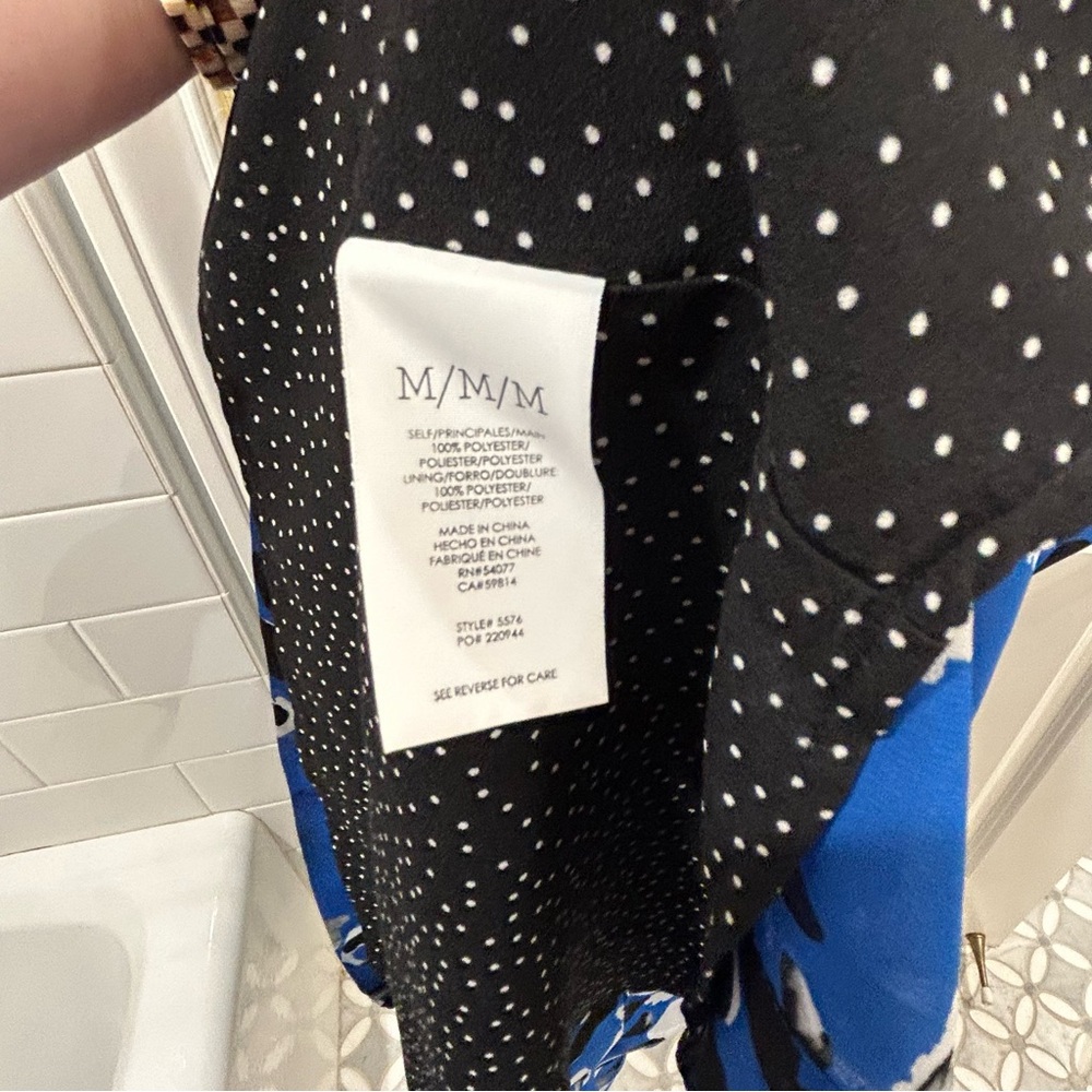 CAbi Electric Blue Floral Asymmetrical Handkerchief Hem Polka Dot Dress Sz M - Picture 8 of 11